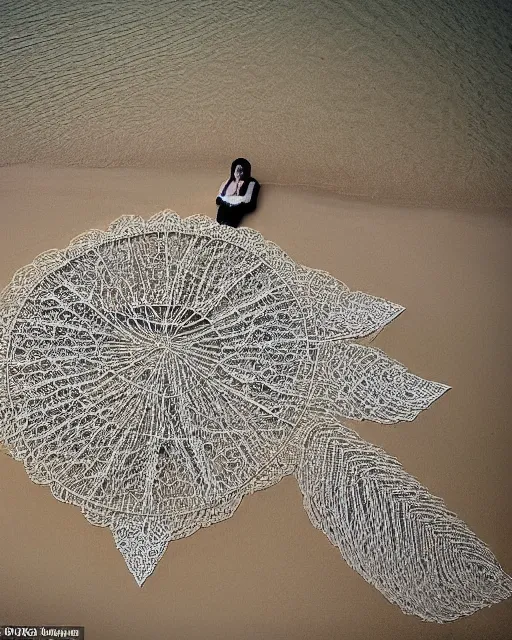 Image similar to a woman sitting on a beach, made of intricate decorative lace leaf skeleton, shot from a drone, in the style of the dutch masters and gregory crewdson, dark and moody