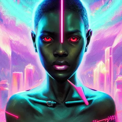 Image similar to african neon necromancer, science fiction, highly detailed, digital painting, beautiful eyes, symmetry, concept art, sharp focus, illustration, global illumination, radiant light, synthwave colors, detailed and intricate environment, art by artgerm and greg rutkowski and magali villeneuve and ilya kuvshinov!