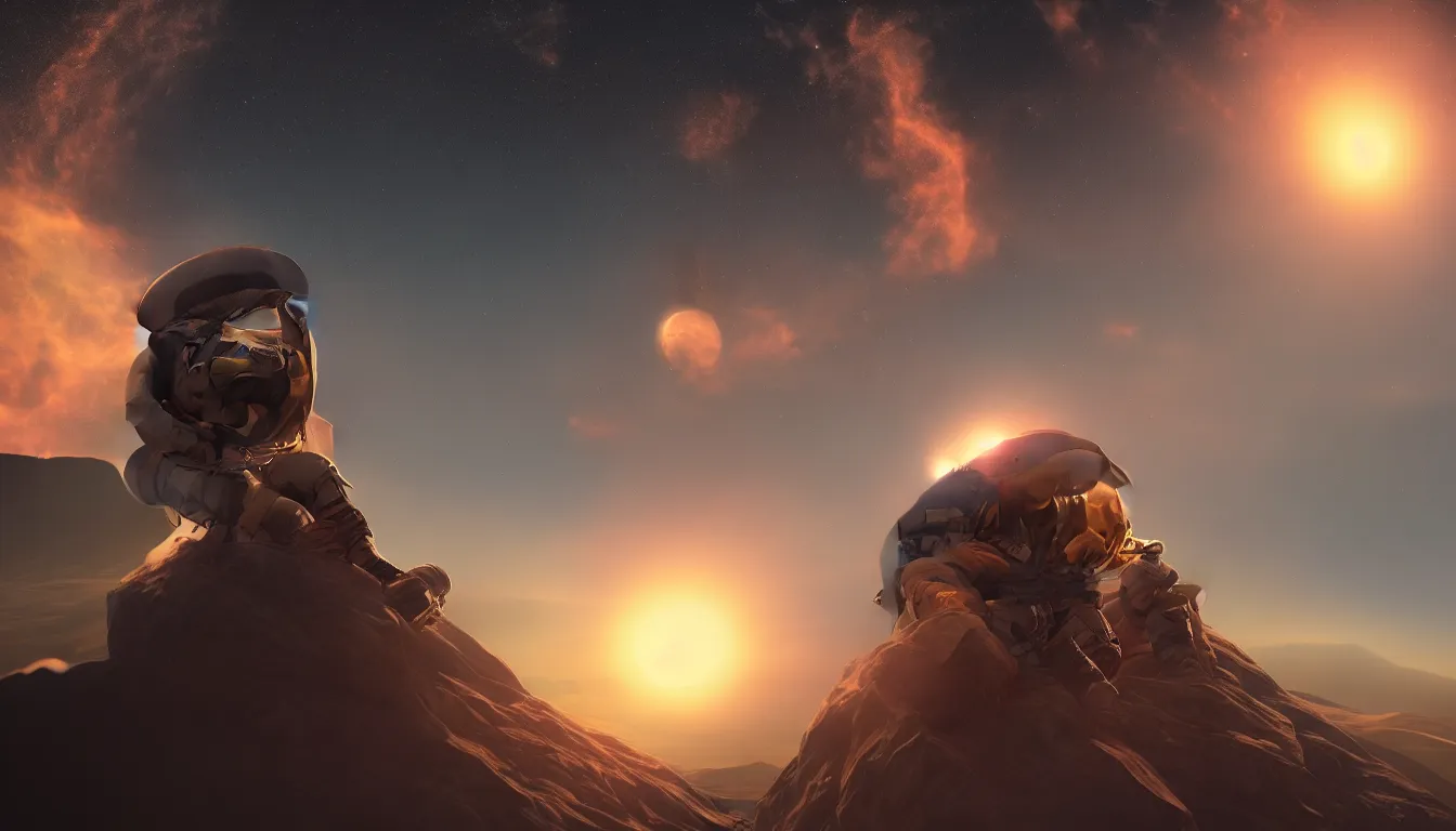 Image similar to lone astronaut sat on top of a mountain looking at the horizon of a unknown planet, extremely close shot from the back, helmet reflection, sunset, cinematic, epic, dark scenario, 8k, award winning, digital art, trending on artstation