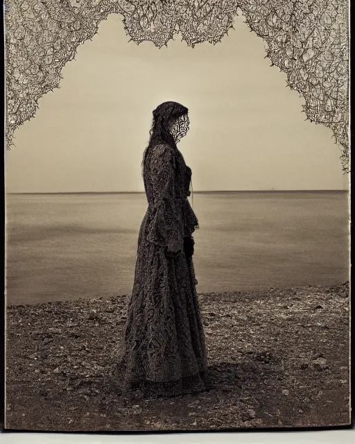 Image similar to a woman standing by the sea, made of intricate decorative lace leaf skeleton, in the style of the dutch masters and gregory crewdson, dark and moody