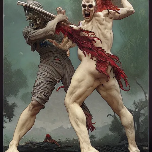 Prompt: two angry zombie men attacking each other, intricate, art by artgerm and greg rutkowski and alphonse mucha and william - adolphe bouguereau, high detailed, 4 k,