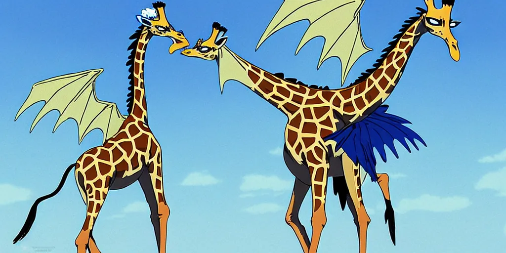 Prompt: giraffe with big blue feathered dragon wings on its back, full body shot, wings, by studio ghibli