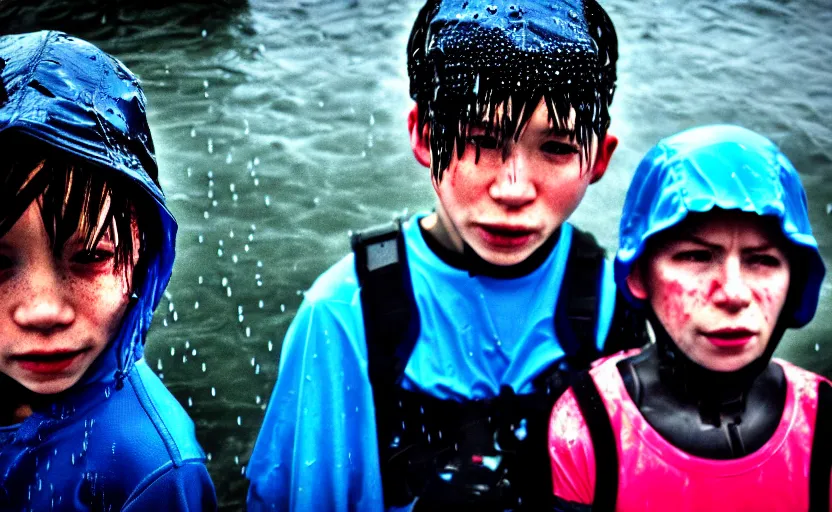 Image similar to cinestill 5 0 d candid photographic portrait by helen levitt of two cyborg kids wearing rugged neon blue mesh techwear in treacherous waters, extreme closeup, modern cyberpunk moody depressing cinematic, pouring rain, dystopian atmosphere, 8 k, hd, high resolution, 3 5 mm, f / 3 2, ultra realistic faces, ex machina