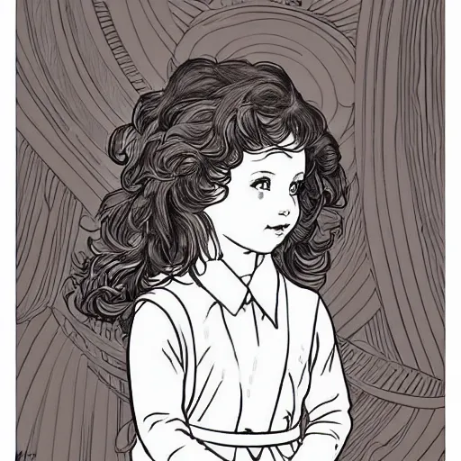 Image similar to clean simple line art of a cute little girl with a short brown wavy curly hair. she is dressed as an astronaut. no background. well composed, clean coloring book page, beautiful detailed face. coloring book line art by artgerm and greg rutkowski and johanna basford and alphonse mucha