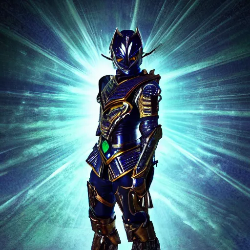 Image similar to High Fantasy Kamen Rider, glowing eyes, 4k, forest plains of north yorkshire, daytime, chainmail rubber undersuit, segmented armor, dark blue armor with green secondary color, tokusatsu