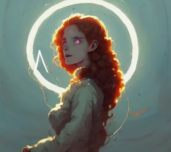 Prompt: portrait woman with long ginger curly hair, profane glowing rune, runes, by atey ghailan, by greg rutkowski, by greg tocchini, by james gilleard, by joe fenton, by kaethe butcher, by ashley wood, dynamic lighting, gradient light blue, brown, blonde cream and white color scheme, grunge aesthetic