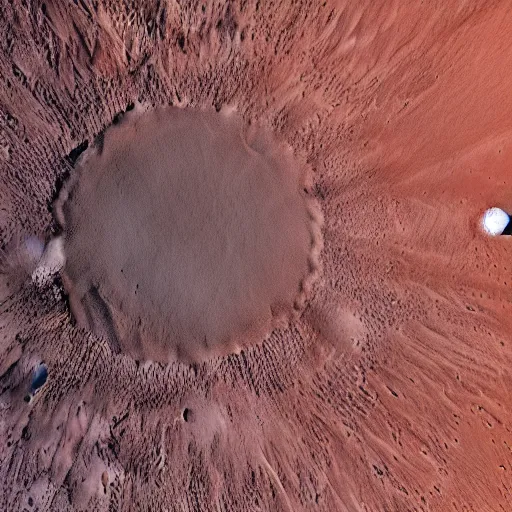 Prompt: very high resolution, fine detail, 4 k, aerial photo looking down from above on a large crater with a city around it, on the surface of planet mars, with red desert dunes