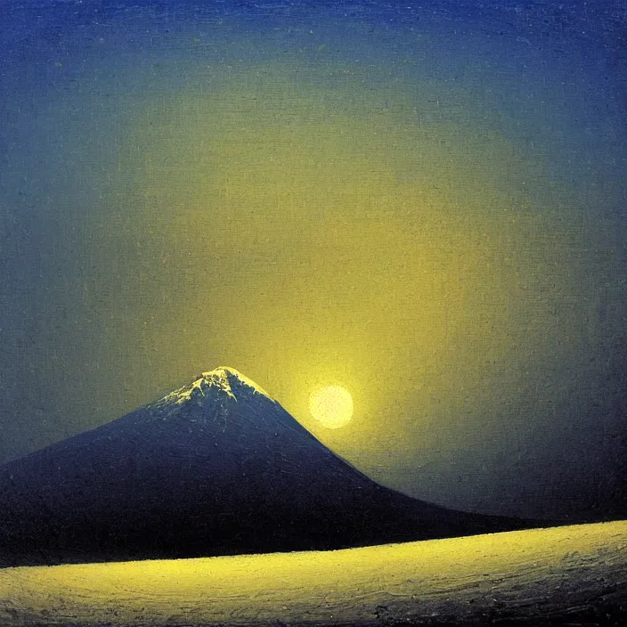 Image similar to mt elbrus at night, arkhip kuindzhi painting, oil painting, luminous light, blue palette