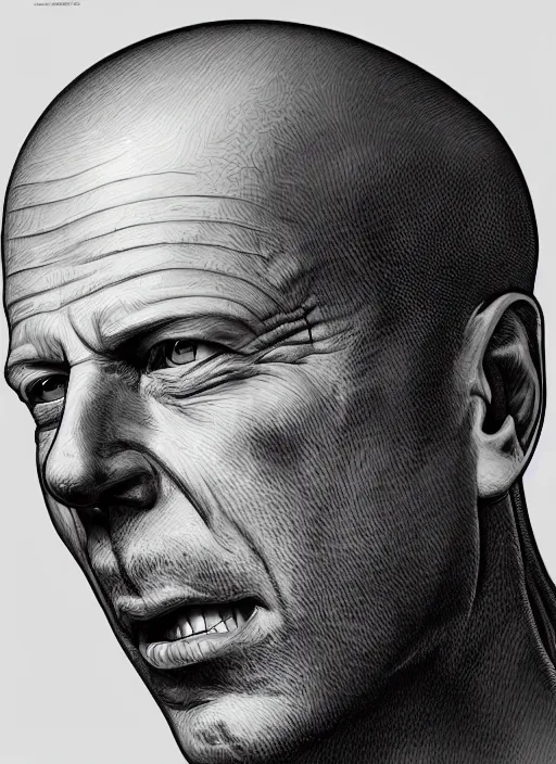 Image similar to highly detailed ink illustration of bruce willis, unreal engine, octane render, b & w clean shaped illustration by kim jung gi, ron english and eiichiro oda