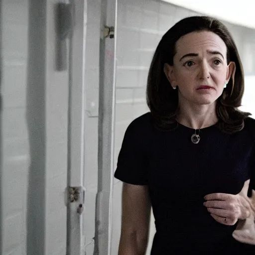 Prompt: Movie still of Sheryl Sandberg in a prison cell in The Doomsday Machine, directed by Steven Spielberg