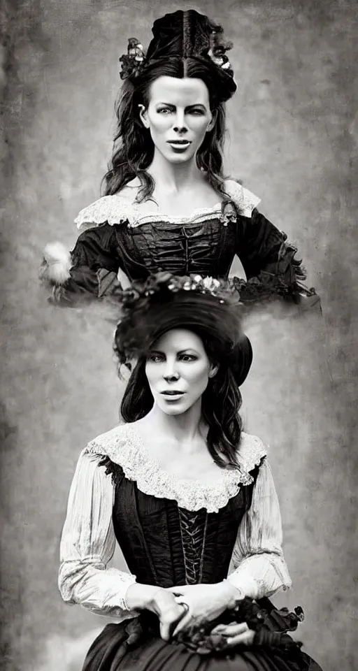 Prompt: digital collodion photograph, a beautiful portrait of Kate Beckinsale dressed in victorian era clothes