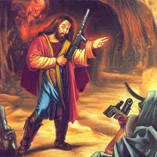 Image similar to jesus with guns killing demons