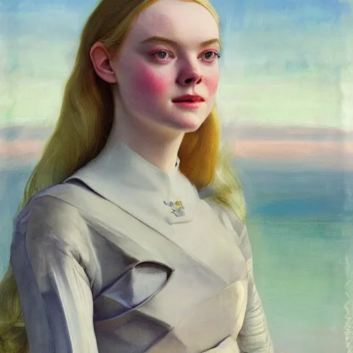 Prompt: Elle Fanning as an Android, oil on canvas, golden hour, in the world of Andrew Wyeth, artstation, by J. C. Leyendecker and Peter Paul Rubens,