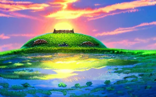 Prompt: grass and a giant castle on top of a giant turtle in the ocean, sunset, art by hayao miyazaki, studio ghibli film, hi res, 4k, high detail