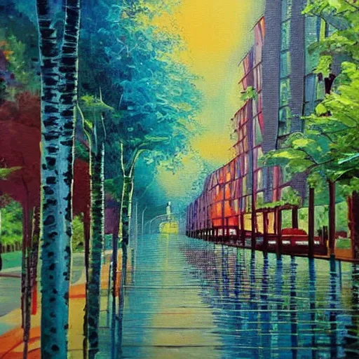 Image similar to Beautiful city of the future in harmony with nature. Nice colour scheme, soft warm colour. Beautiful painting by Lurid. (2022)