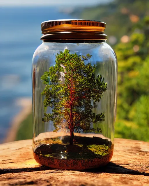 Prompt: glass jar with a burning! tree inside, standing on a cliff, bokeh, ocean in the background, metal lid, dramatic lighting, hyperrealistic, volumentric lighting, highly detailed