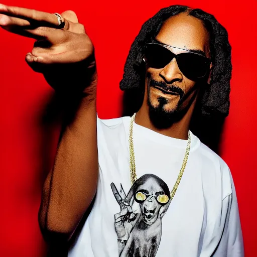 Image similar to Snoop Dog with big eyes eye color red , smiling and holding a joint in his hand