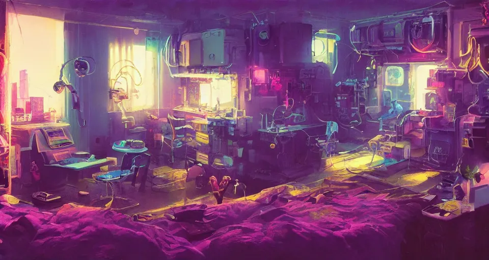 Image similar to IKEA catalogue photo of a cyberpunk bedroom, by Paul Lehr