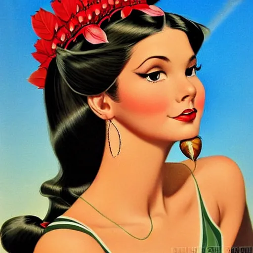 Prompt: pin - up portrait of a beautiful young pocahontas, pretty long hair, intense flirting, showing curves, symmetrical face, digital art, smooth, extremely detailed, model pose, intense look, dream, gorgeous young model, traditional beauty, pretty, by wu bayard, by gil elvgren, by ralph horsley, by hanks steve