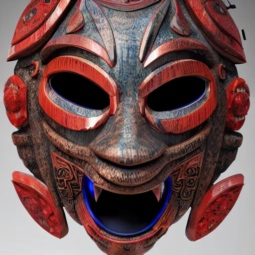 Image similar to a cyberpunk tribal mask, japanese pottery, vivid colors, wood, metal, intricate details, trending on cgsociety, glowing eyes, one per image, sharp focus, ultra realistic details, cinematic atmosphere, global illumination, shadows, octane render, 8 k