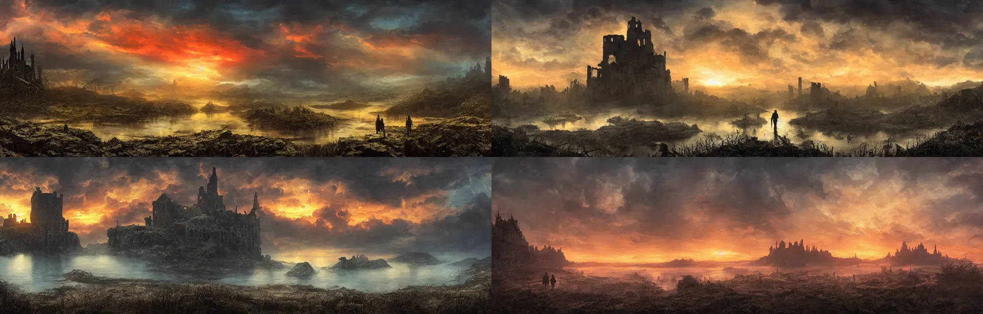 Prompt: very textured post apocalyptic moody panoramic cinemascope background , sunset, cyan fog , portal to hell in the middle of painting, vine bridge silhouette over lake with backlight, castle ruins with backlight , dramatic sky , oil painting art with strong backlight by frazetta