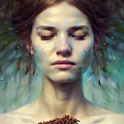 Prompt: epic painting portrait of beautiful goddess surrounded by flying dried dates by amy leibowitz, wlop, jeremy lipkin, beeple, intricate, artgerm, ilya kuvshinov