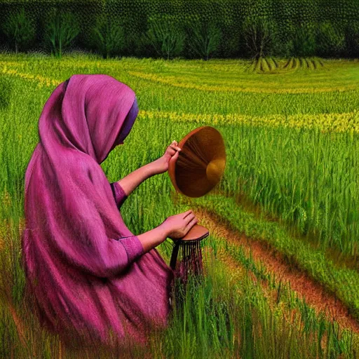 Prompt: a babushka playing drums in a field full of herbs, digital art