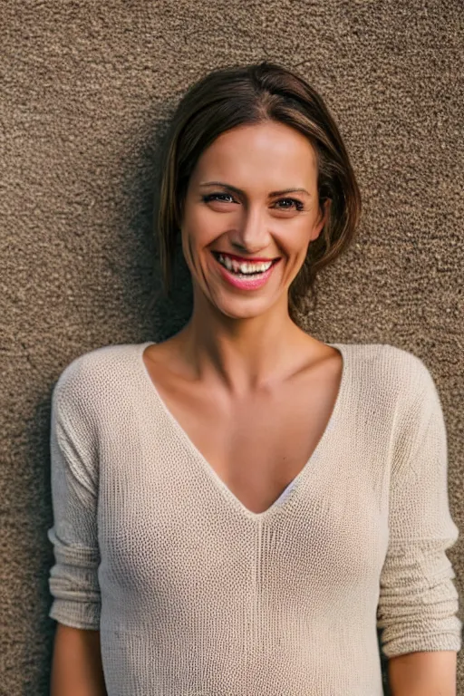 Image similar to olive skinned female model in her thirties, wearing white v - neck sweater, focused on neck, photo realistic, extreme detail skin, natural beauty, straight teeth, laughing, no filter, slr, golden hour, 4 k, high definition, selfie