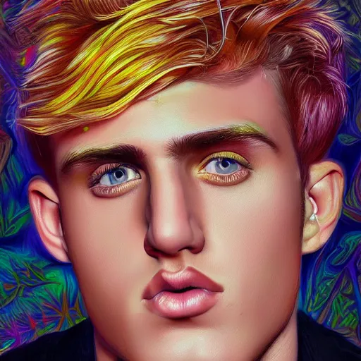 Prompt: an extremely psychedelic portrait of jake paul, surreal, lsd, face, detailed, intricate, elegant, lithe, highly detailed, digital painting, artstation, concept art, smooth, sharp focus, illustration