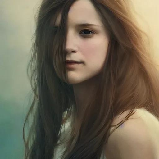 Prompt: pure and kind aristocratic long straight brunette female portrait, innocent, pure, naive, atmospheric lighting, painted, intricate, volumetric lighting, beautiful, rich deep colours masterpiece, golden hour, sharp focus, ultra detailed, by leesha hannigan, ross tran, thierry doizon, kai carpenter, ignacio fernandez rios