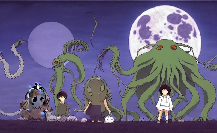 Image similar to a still from a studio ghibli movie of a cartoon cthulhu and friends from princess mononoke ( 1 9 9 7 ), in front of a pale full moon, full body, wide shot, very dull muted colors, studio ghibli, highly detailed, deviantart, art by artgem