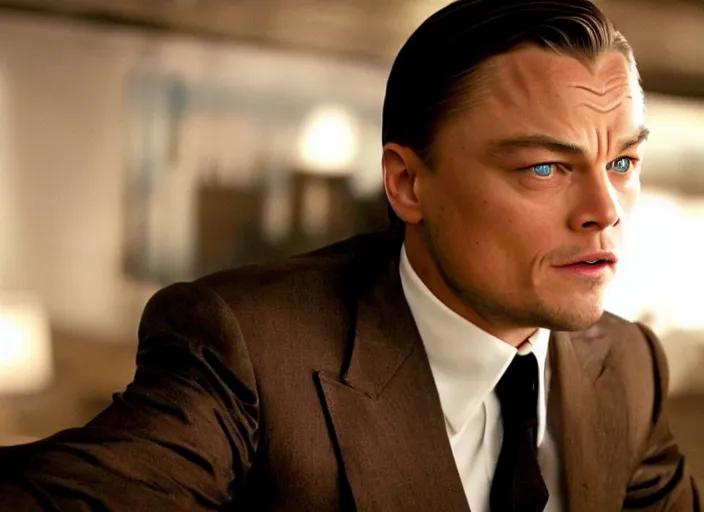 Prompt: film still of Leonardo DeCaprio as Cobb in Inception, 4k