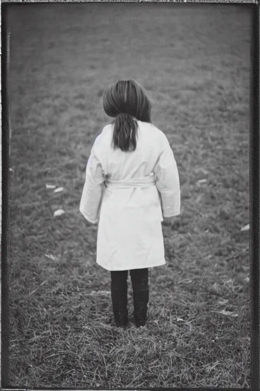 Image similar to photo polaroid of a sad and lonely child in a white coat and barefoot stands in the middle from behind the camera many big tents of field hospitals, pandemic, covid, loneliness, black and white ,photorealistic, 35mm film,