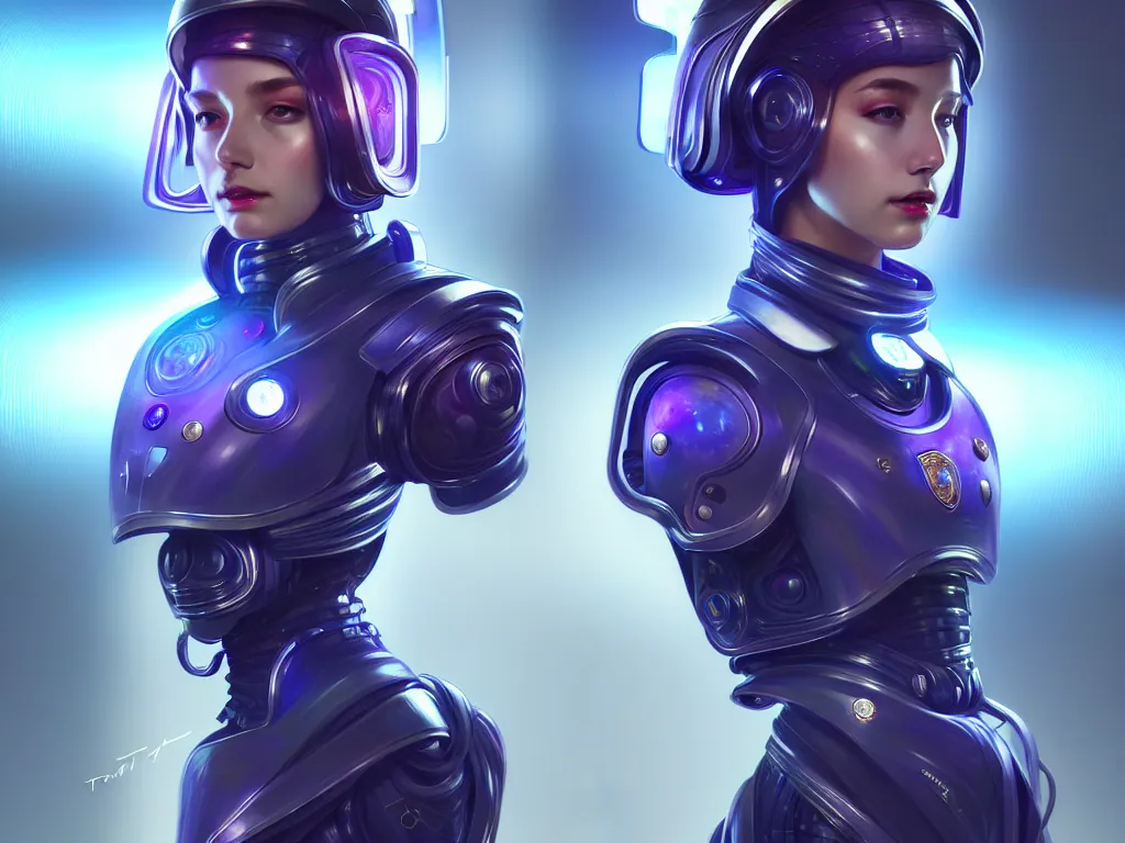 Image similar to portrait futuristic mercury police uniform female, in a future huge spaceship internal, neon light, ssci - fi and fantasy, intricate and very very beautiful and elegant, highly detailed, digital painting, artstation, concept art, smooth and sharp focus, illustration, art by tan zi and ayanamikodon and alphonse mucha and wlop