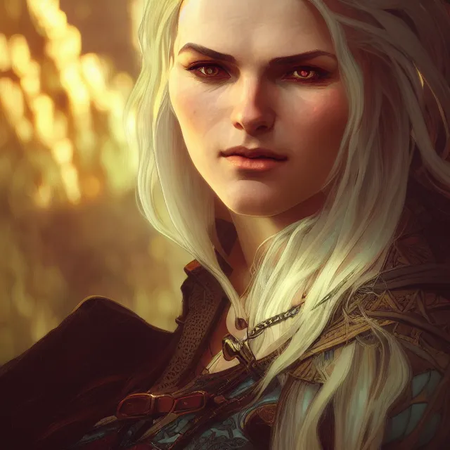 Image similar to close up portrait of a beautiful female witcher, artistic, magical mountain background with light rays, fantasy atmosphere. art by artgerm, greg rutkowski and alphonse mucha, highly detailed, intricate, lifelike. sci - fi, fantasy, magical, octane render,