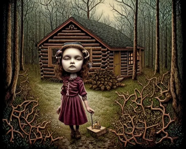 Image similar to intricate detailed portrait of a character in front of a cabin in a dark mysterious forest by mark ryden