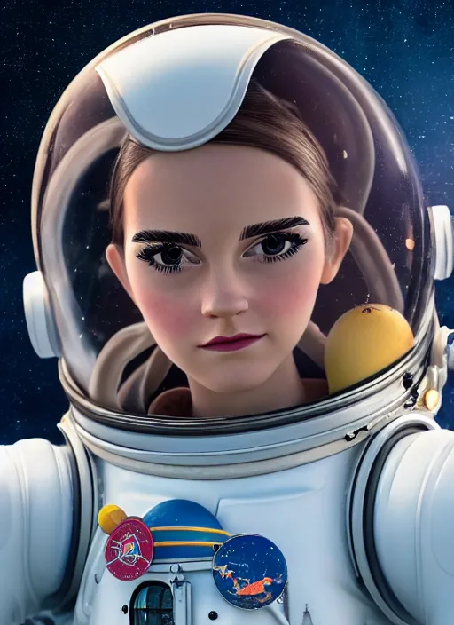 Image similar to closeup profile portrait of tin toy emma watson spacegirl astronaut, bikini, depth of field, zeiss lens, detailed, symmetrical, centered, fashion photoshoot, by nicoletta ceccoli, mark ryden, lostfish, breathtaking, 8 k resolution, extremely detailed, beautiful, establishing shot, artistic, hyperrealistic, octane render