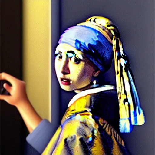 Prompt: the girl with a pearl earring is making a selfie with iPhone, by Jan Vermeer