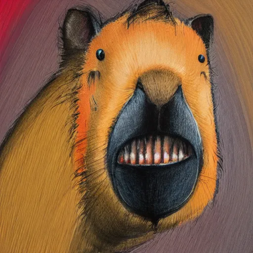 Image similar to abstract art of a well dressed capybara, profile view, wearing a suit laughing showing big teeth, in the style of tracie grimwood