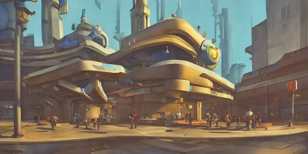 Image similar to overwatch building, stylized, exterior, architecture, in watercolor gouache detailed paintings, insanely detail, artstation, 8 k, futuristic, big medium small, arcane, simon stalenhag, food stall, interesting shapes & form, golden ratio