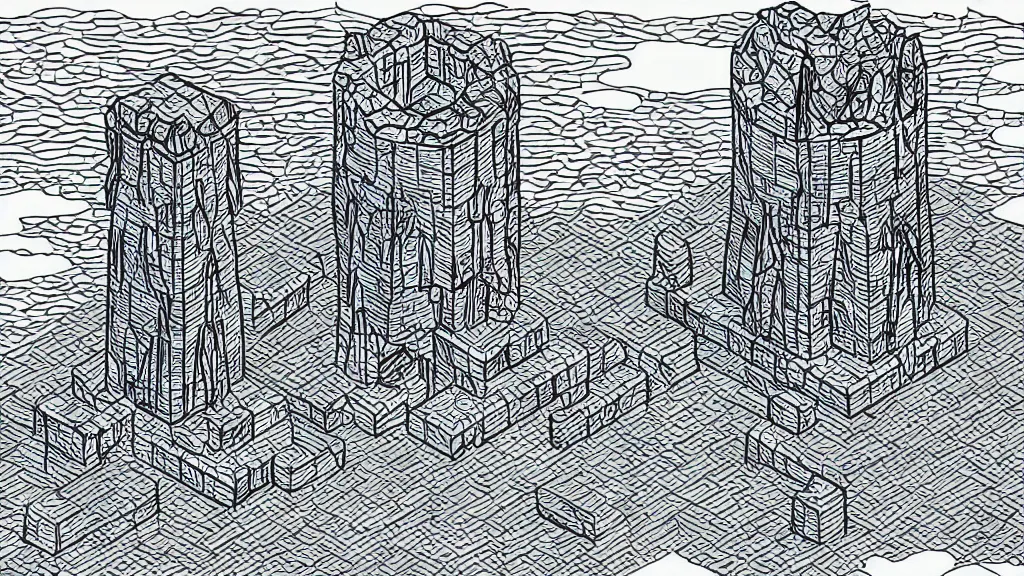 Image similar to isometric view of a wizard tower that's surrounded by rocks and mountains, lineart