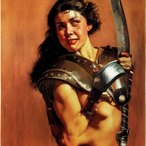 Image similar to portrait of a savage muscular barbarian female with light leather armor, by norman rockwell