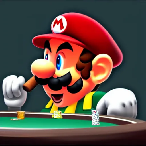 Prompt: super mario as a mafia boss smoking a cigar whilst playing poker, dark atmosphere, very detailed, cinematic lighting