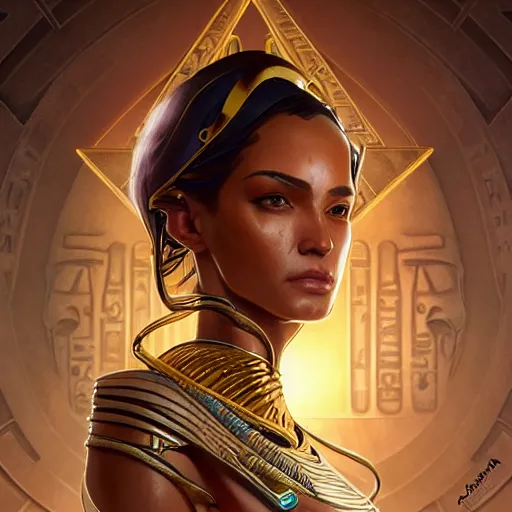 Image similar to portrait of egyptian cyborg queen in a pyramid ship real life skin, intricate, elegant, highly detailed, artstation, concept art, smooth, sharp focus, art by artgerm and greg rutkowski and alphonse mucha