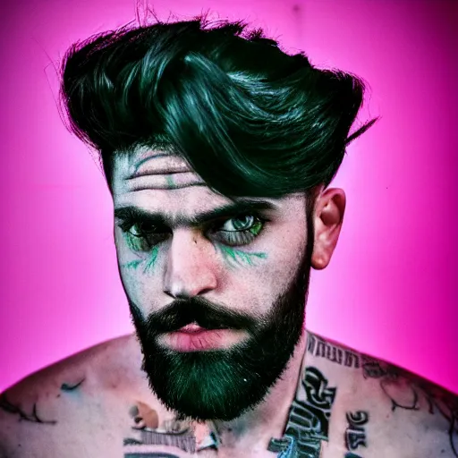 Image similar to bust portrait of handsome proud man with short black hair with grey hair, piercing in eyebrow, very short full beard, cyberpunk, fashion editorial photography, neon color scheme, waist up, low angle