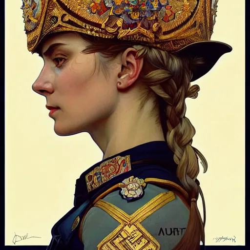 Image similar to a portrait of a female cop, upper half portrait, decorated with russian motifs, russian shaman, siberia, traditional russia, intricate, elegant, highly detailed, symmetry, headpiece, digital painting, artstation concept art smooth sharp focus, illustration, art by artgerm and greg rutkowski alphonse mucha 8 k
