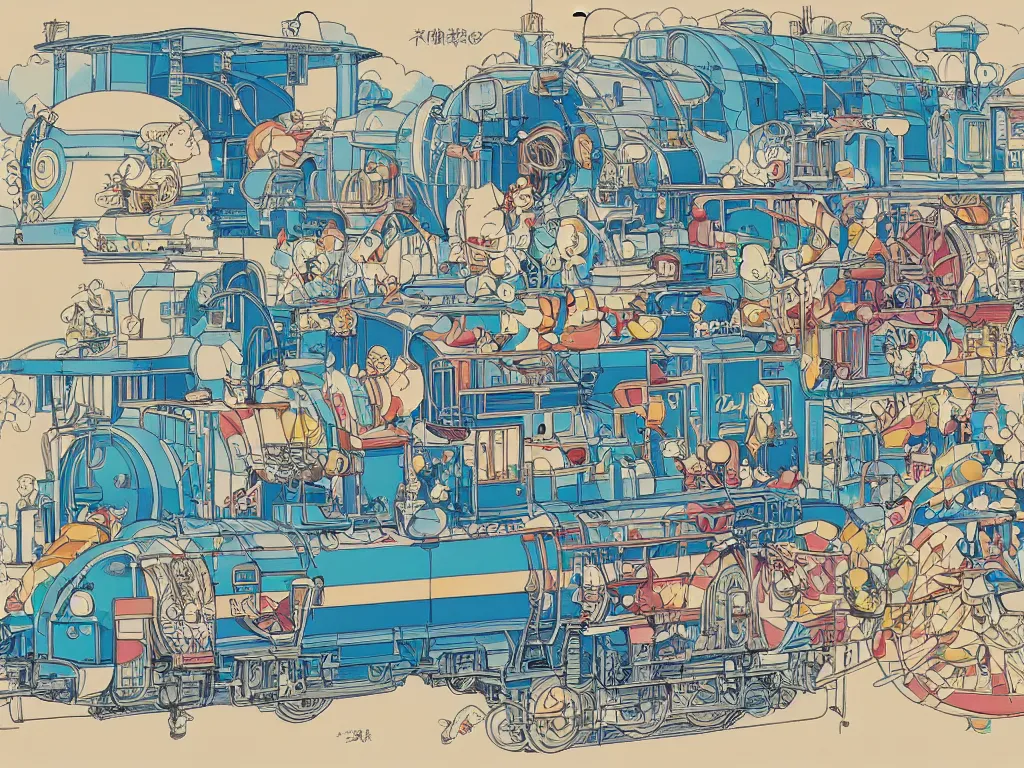 Image similar to colorful blueprint sideview of a anime train, illustration, concept art, autumn light, colorful, beautiful, studio ghibli, hayao miyazaki, takashi murakami, manga, cute and adorable