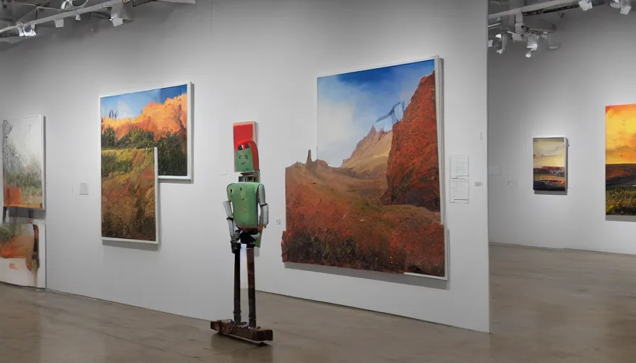 Image similar to robots holding paintbrushes against photos of landscapes in a gallery