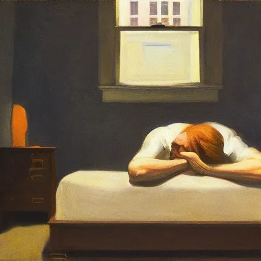 Image similar to a stable diffusion user refusing to sleep even though he can ’ t feel his eyes. in the style of regret and edward hopper. goodnight dreamers 👋💤.