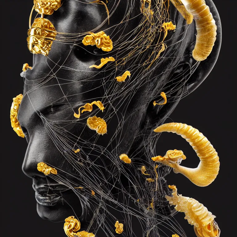 Image similar to black background. absolutely symmetrical sculpture. centered. goddess princess face close-up portrait ram skull. sculpture made of gold and black charcoal. jellyfish phoenix head, nautilus, orchid, skull, betta fish, bioluminiscent creatures, intricate artwork by Tooth Wu and wlop and beeple. octane render, trending on artstation, greg rutkowski very coherent symmetrical artwork. cinematic, hyper realism, high detail, octane render, 8k